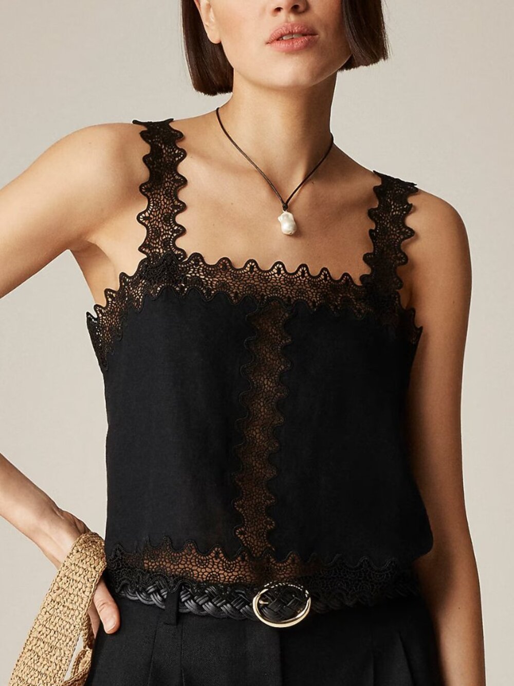 J. Crew Lace-trim Squareneck Tank Top in Black Linen - Size S